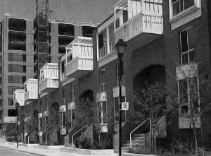 The two principle design elements of St Lawrence Neighbourhood: traditional, street-facing urban townhouses and mid-rise apartment blocks, both taking shape c.1980. Canadian Architect, June 1981.