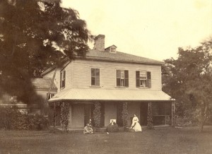 Eldon House, west lawn, c1875. From left: George and Teresa, Amelia (mother) and Sophia (Edward's wife) Western University Archives, Harris Family Fonds, RC#41003
