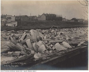 Ice jam Don River looking southeast from north of Queen Street, 1901