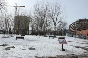 Original site of Church St-Ann, now a park surrounded by condo construction sites