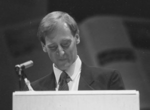 Speaking at Roy Thomson Hall in Toronto at the launch of the Junior Encyclopedia of Canada in September 1990.