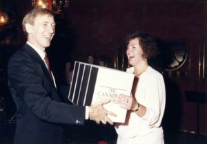 Presenting copies of the first edition to Minister Sheila Copps at the National Library in Ottawa, 1985.
