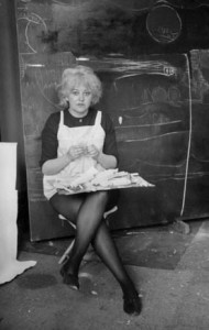 Joyce Wieland in her studio, ca. 1960. Tess Taconis / Library and Archives Canada / PA-137321