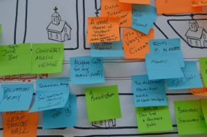 Detail of the St. Clair interactive map. Participants noted their most prominent memories of the area with an orange post-it note.