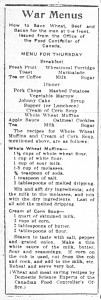 Image 11: war menu – Caption: Daily War menus in Lakehead newspapers provided housewives with a plan for the day as well as recipes, Fort William Daily Times Journal, 26 September 1917.