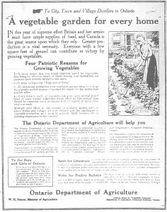 Image 8: vegetable garden newspaper ad – Caption: The Ontario Department of Agriculture encouraged home gardeners with newspaper ads across Ontario, Fort William Daily Times Journal, 24 February 1917.