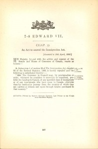 1908 Continuous journey clause. Pier21.ca.