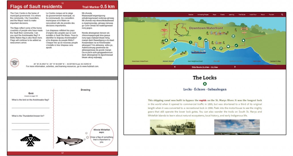 Left: This set of Trail Guide pages offers trilingual information and child-friendly activities about flags raised at the Civic Center, including the Anishinaabe and Métis flags. Right: The web portal showcases further information and media for significant locations along the John Rowswell Hub Trail. © NORDIK Institute, 2015.