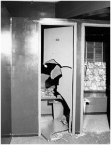 Figure 2: Destroyed door during the bathhouse raids Source: “Elegy to Club Toronto,” Dailyextra.com April 21, 2010 http://www.dailyxtra.com/sites/default/files/Main1_Club-Toronto.jpg.jpg (accessed June 2, 2015).