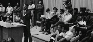 Kennedy Frederick speaking at student assembly at Sir George Williams. (From NFB Interview with Welwyn Jacob, click for link)