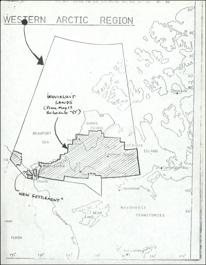 A map of the proposed Inuvialuit Settlement Region, with both Inuvialuit-owned lands and Crown lands, July 1976. In their attention to lands, ownership, and management, modern treaties create new relationships between people and the environment and reshape the political territory of Canada. © Government of Canada. Reproduced with the permission of Library and Archives Canada (2016). Source: Library and Archives Canada/Alastair Gillespie fonds/Vol.2 file 243-15
