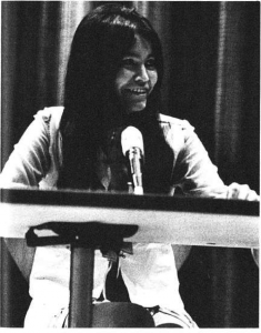 Lillian Piché Shirt speaking at the University of Alberta in Sept. 1969 for the Native Peoples Defense Fund. The Gateway 29 Sept., 1969: 1
