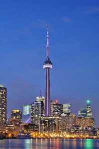 Illuminated CN Tower in Toronto at night.