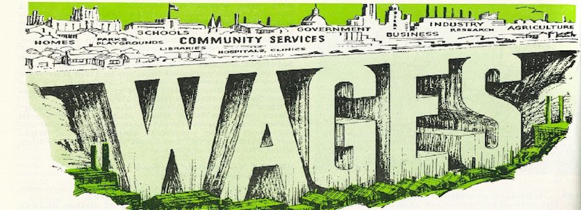 'Wages' written in concrete supporting community services, government, business, and other economic factors.