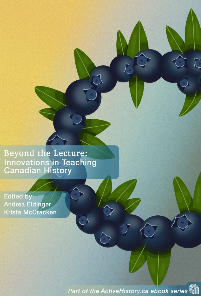 Cover of Beyond the Lecture ebook, circle of blueberries on blue and yellow background