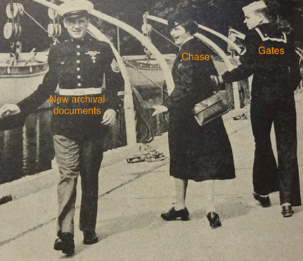 World War II era photo of a woman labelled Chase looking at a man labeled "New Archival Documents", while the man beside her, labelled Gates, tried to keep her attention. This photo reflects a well-known meme photo that appeared on Twitter and elsewhere, of a young man looking at another woman, to the consternation of the woman he is with.