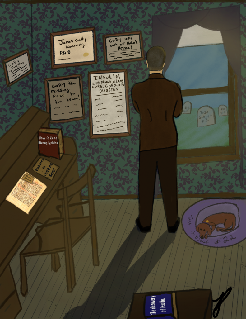 drawing of a man looking out a window