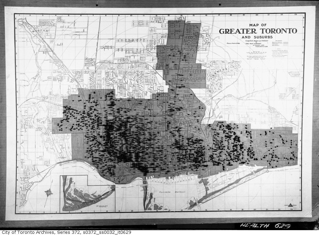 Alt text: A map with Greater Toronto and its suburbs shaded in. There are black points throughout the map to mark smallpox cases.