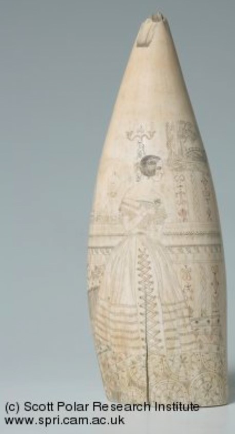 Engraving of a presumably upper-class woman in a corset standing before a fireplace, intricate rug, and decorated wall represented on whale bone.
