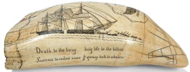 U.S. ship Frances sailing near Peru with the common sailor’s saying below ("Death to the living, long life to the killers, success to sailors wives, & greasy luck to whalers") engraved on scrimshaw.