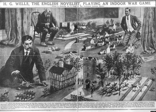 A drawing of three men playing with model houses, soldiers, and roadways. The title is "H.G. Wells, the English novelist, playing an indoor war game."