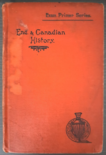 An orange book cover with a crest in the bottom right corner. The title is Exam. Primer Series, Eng. & Canadian History