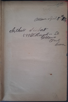 Endpaper of a book with the following text written by hand: "Ottawa April 5, 1894, Arthur Herbert, 599 Wellington St, Ottawa, Ont., Can."