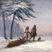 Painting of two people dragging a moose through the snow.