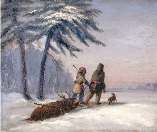 Painting of two people dragging a moose through the snow.