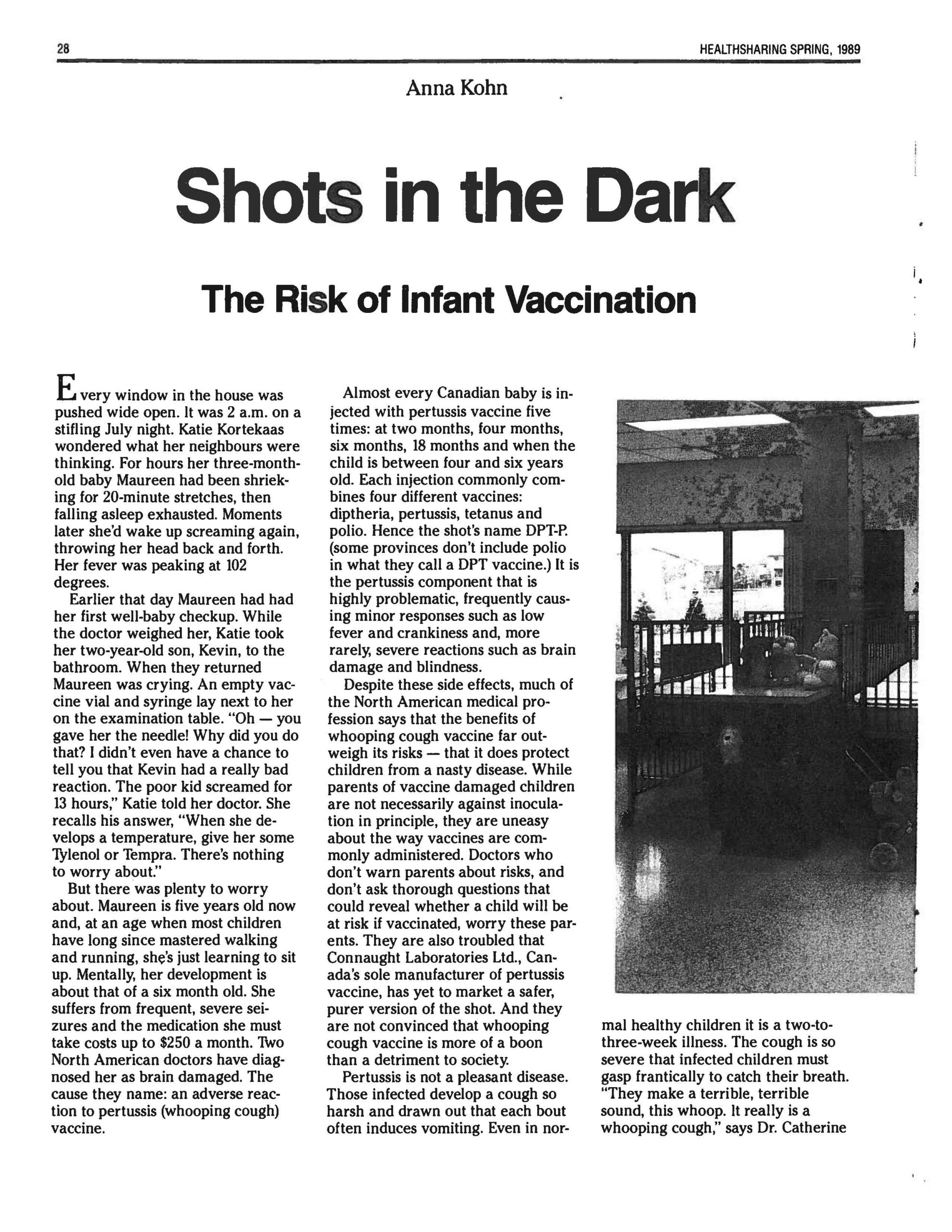 A magazine page titled "Shots in the Dark: The Risk of Infant Vaccination." The page includes a picture of a child in a crib.