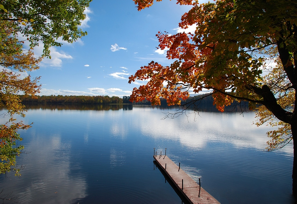 Photograph of a calm lake with a brown wooden dock extending away from the viewer. There are red and green leaves on a tree branch in the foreground.