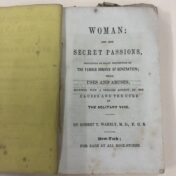 The title page of Woman and Her Secret Passions (MC 4516 James Waddell family fonds); photo taken at the Provincial Archives of New Brunswick (PANB).