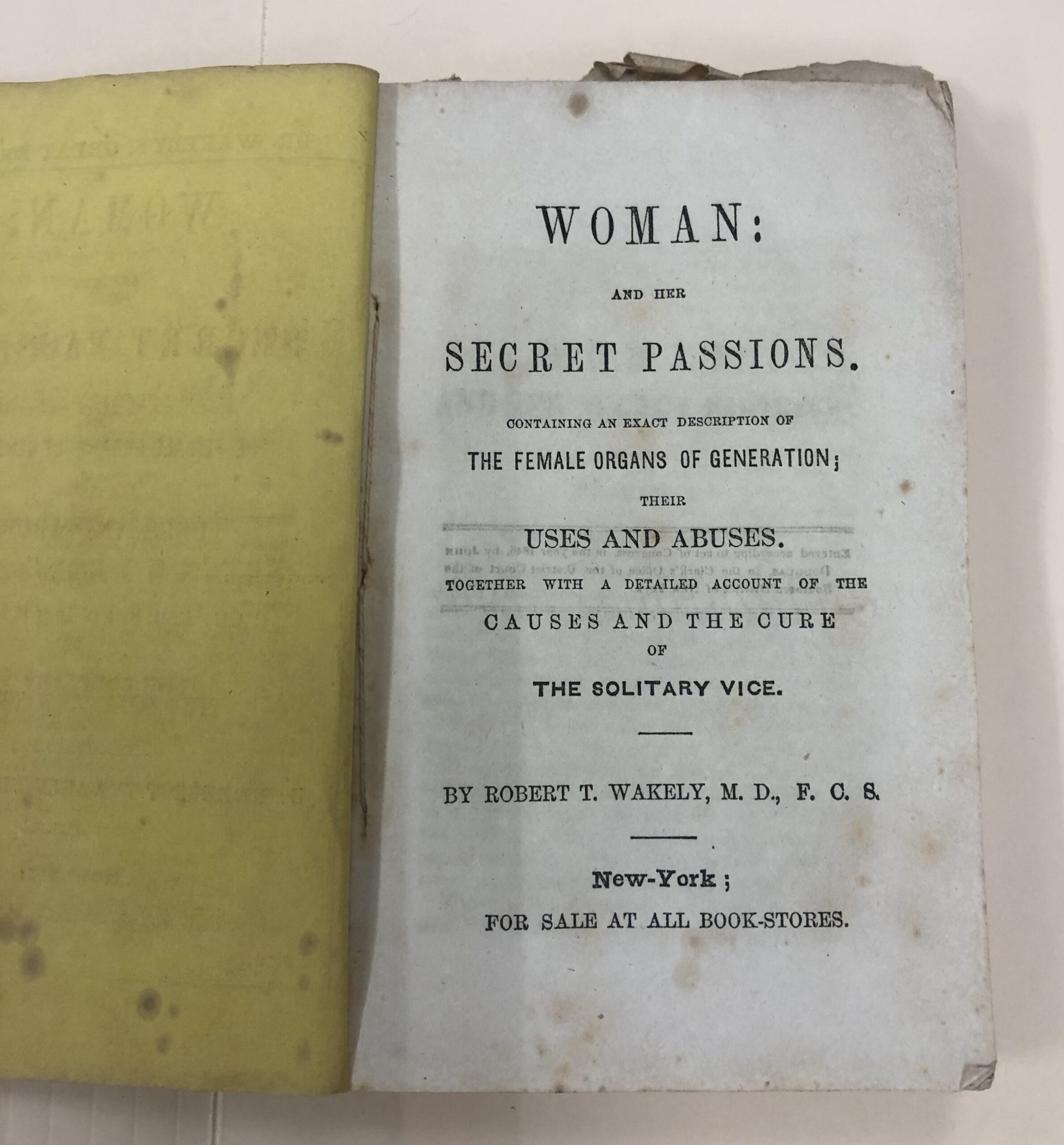 The title page of Woman and Her Secret Passions (MC 4516 James Waddell family fonds); photo taken at the Provincial Archives of New Brunswick (PANB).