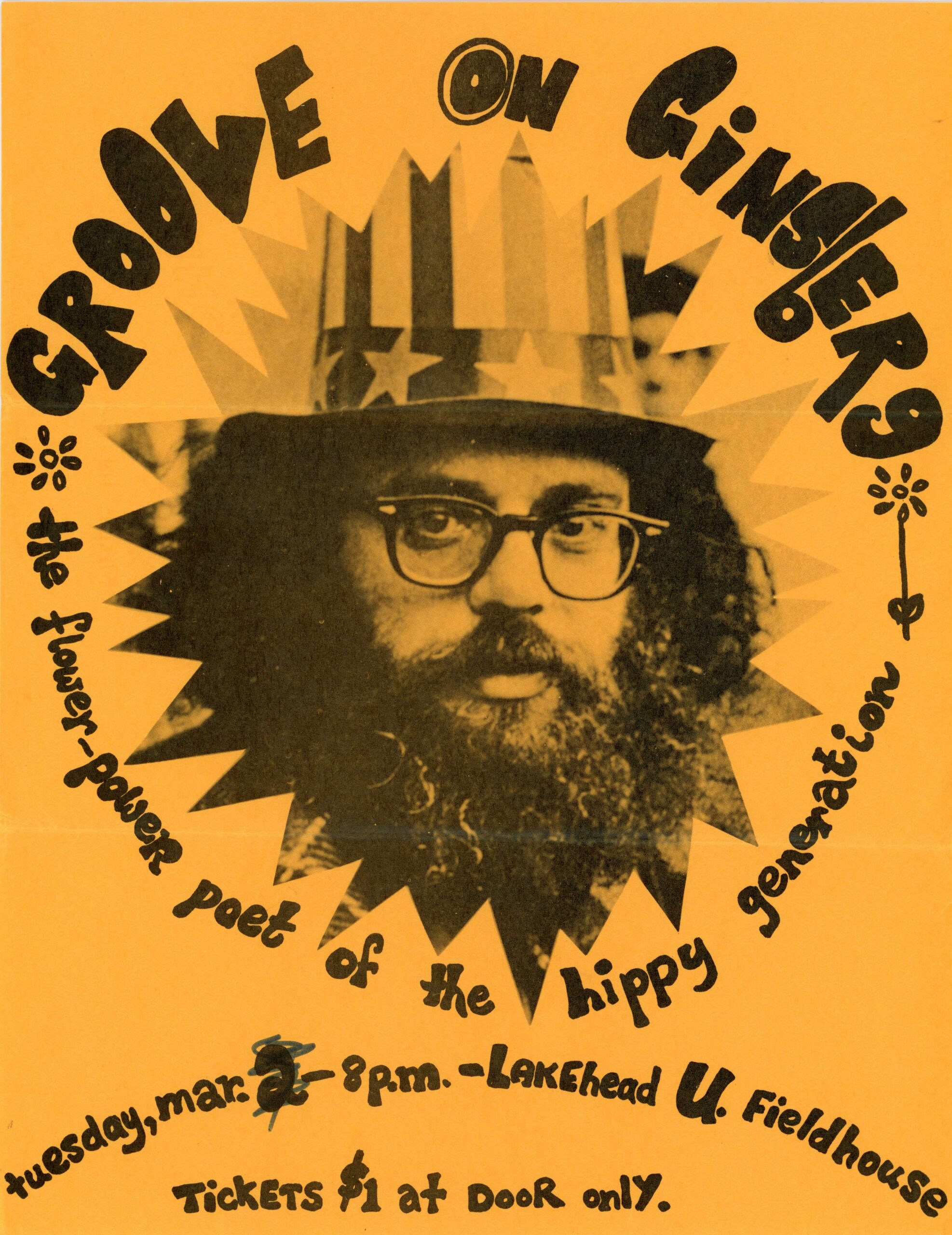 Poster advertising Allen Ginsberg's reading at the Lakehead U Fieldhouse.