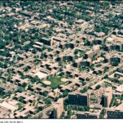 Aerial photograph of a city landscape.