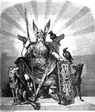 Drawing of a bearded man in a winged helmet surrounded by two wolves and two ravens.