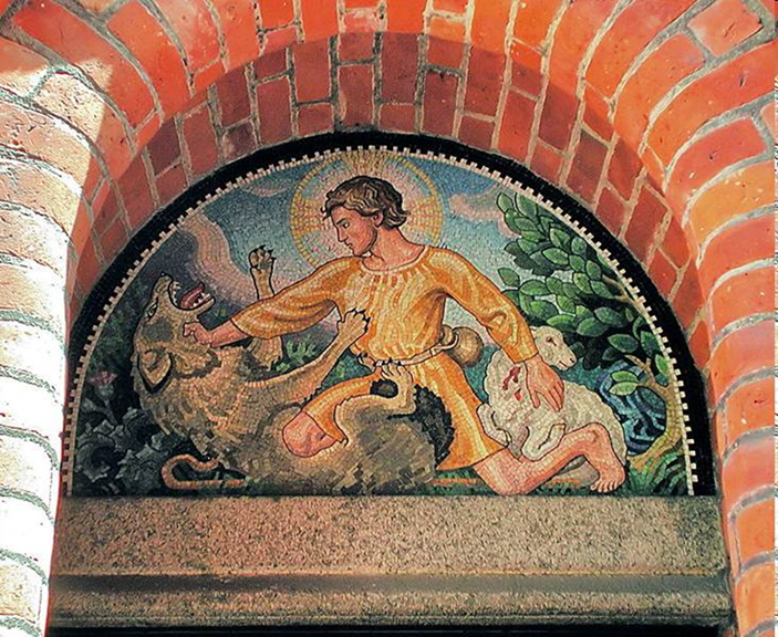 Mosaic of person with a halo fighting with a wolf and protecting a wounded lamb.