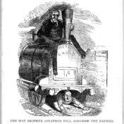 Brother Jonathan rides a steam train over Louis Joseph Papineau as "liberty" escapes in the steam from the train's funnel.