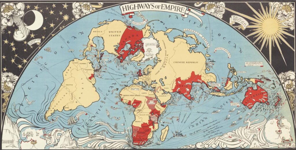 Colour lithograph map showing a Mercator projection of the world, with trade routes and the British Empire in red.