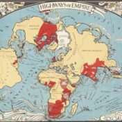 Colour lithograph map showing a Mercator projection of the world, with trade routes and the British Empire in red.