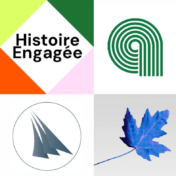 Four website logos. The one of the top left is a square with lime green, dark green, pink, and orange triangles in the corners. It has the words "Histoire Engagée" in the middle. The logo on the top right is a lower-case a made of five dark green lines on a white background. The logo on the bottom right is a blue maple leaf on a grey background. The logo on the bottom left is a circle with three grey sails inside it.