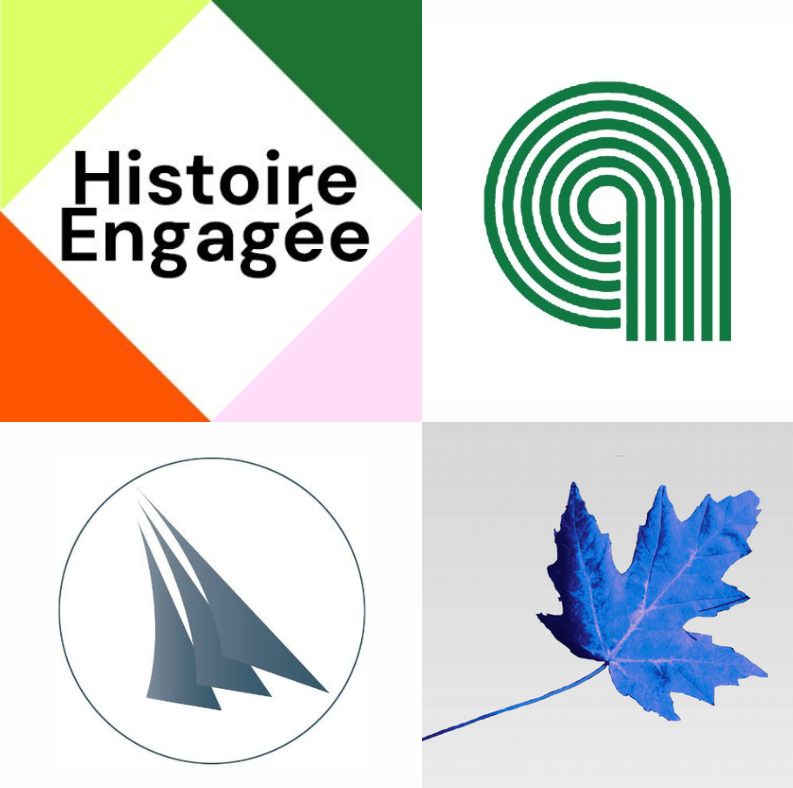 Four website logos. The one of the top left is a square with lime green, dark green, pink, and orange triangles in the corners. It has the words "Histoire Engagée" in the middle. The logo on the top right is a lower-case a made of five dark green lines on a white background. The logo on the bottom right is a blue maple leaf on a grey background. The logo on the bottom left is a circle with three grey sails inside it.