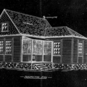 A black-and-white copy of a house blueprint. It is a modest one-and-a-half story home with a little porch. The cladding is labeled "1X8 rustic". The roof is labeled "shingles". A feature on the roof is labeled "ventilator." The whole image is labeled "perspective view."
