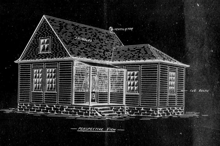 A black-and-white copy of a house blueprint. It is a modest one-and-a-half story home with a little porch. The cladding is labeled "1X8 rustic". The roof is labeled "shingles". A feature on the roof is labeled "ventilator." The whole image is labeled "perspective view."