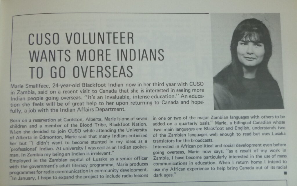 An image of an article from the publication CUSO Bulletin. The featured image is of a 24-year old woman named Marie Smallface, of the Blackfoot Nation.