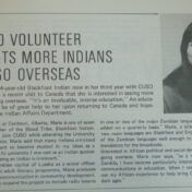An image of an article from the publication CUSO Bulletin. The featured image is of a 24-year old woman named Marie Smallface, of the Blackfoot Nation.