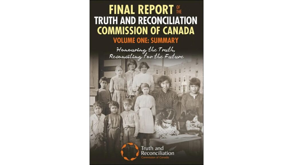 The cover of the Final Report fo the Truth and Reconciliation Commission of Canada. Volume One: Summary, Honouring the Truth, Reconciling for the Future. There is a collage of historic photos of children.