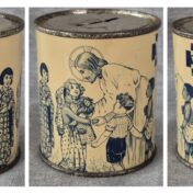 Three views of a can with a slit in the top. View 1: The label says "S.S." and the can is decorated with a drawing of three children, one in a kimono, one in a fur parka, and one flying a kite. View 2: A drawing of Jesus Christ speaking with a group of children. View 3: A drawing of a child in buckskin clothes, holding a bow and arrow with feathers in their hair. There is a logo with the letters WA inside a cross. Text on the can reads: "The Little Helpers of the Sunday School Women's Auxiliary. God bless all the missionaries all over the world, and all the little helpers, for Jesus' sake. - Amen."