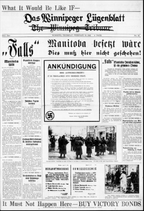 1942 propaganda newspaper page from The Winnipeg Tribune titled 'What It Would Be Like IF,' depicting a fictional Nazi occupation of Manitoba with German text, Nazi imagery, and wartime photographs