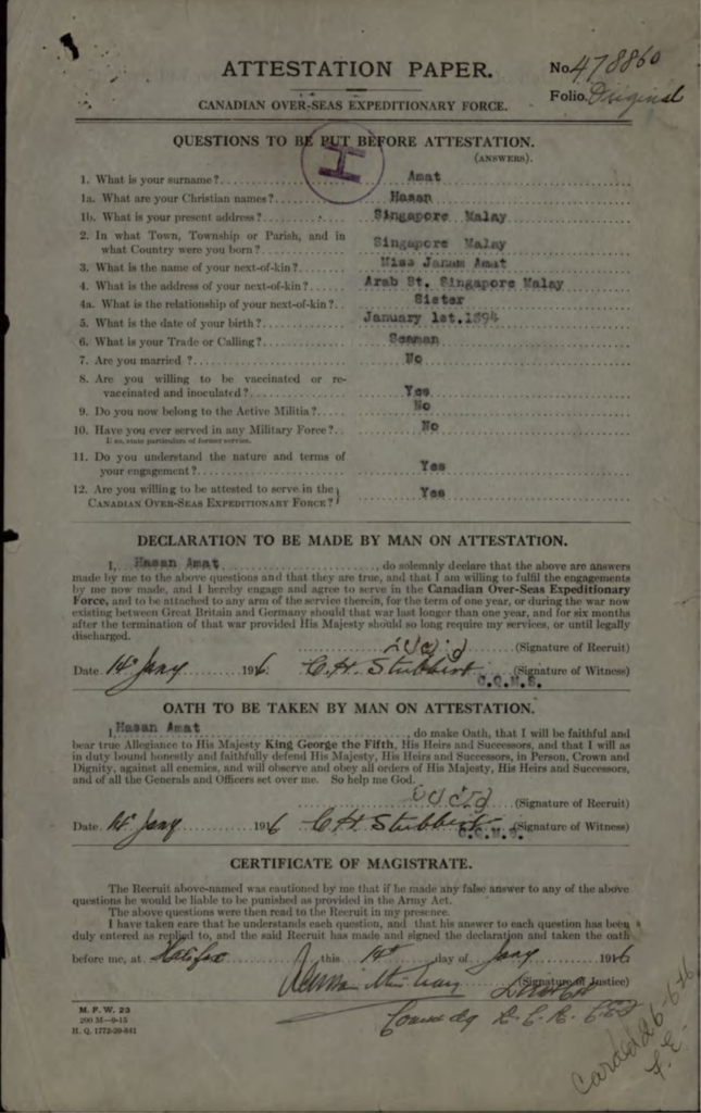 Canadian Overseas Expeditionary Force attestation paper from 1916. The form shows handwritten responses to questions. Multiple signatures and official stamps appear throughout the document.